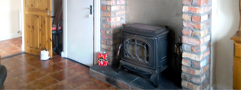 Wood burning stove in Gapple Cottage, Rathmullan Holiday Self-Catering Accommodation at the foot of the Glenalla hills, County Donegal, Ireland